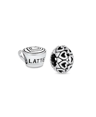 Bling Jewelry Set of 2 Latte Cup and Open Filigree Heart Charm Bead Oxidized Sterling Silver