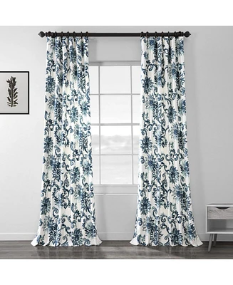 Half Price Drapes Indonesian Blue Floral Printed Cotton Room Darkening Curtain