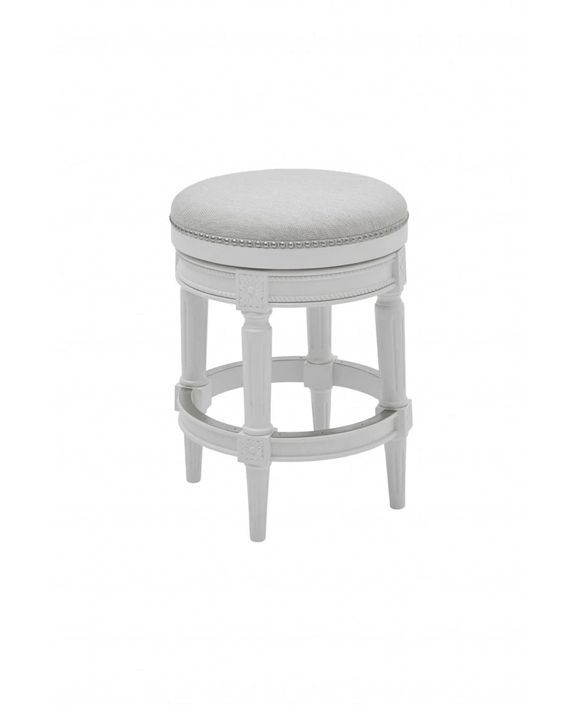 26" White Fabric And Solid Wood Swivel Backless Counter Height Bar Chair