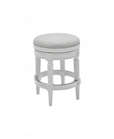 26" White Fabric And Solid Wood Swivel Backless Counter Height Bar Chair