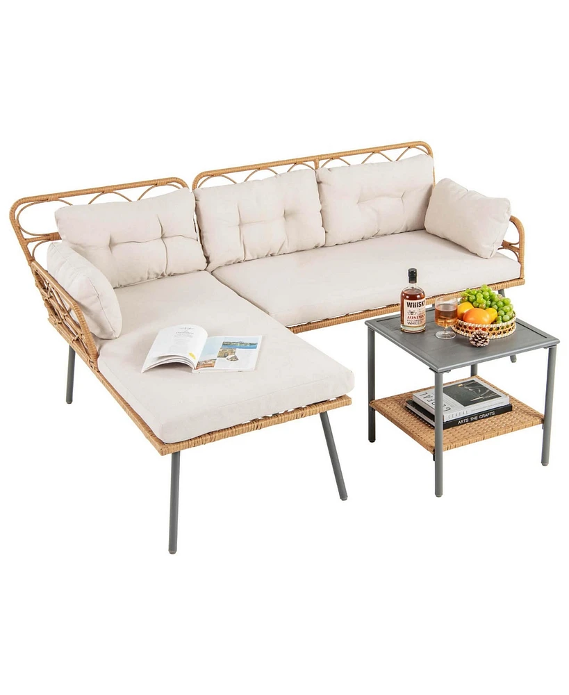 3 Pcs Corner Patio Furniture Cushioned Sofa Set with Small Coffee Table Outdoor