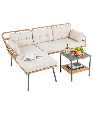 3 Pcs Corner Patio Furniture Cushioned Sofa Set with Small Coffee Table Outdoor