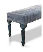 47" Blue And Cream Abstract Design Blue Leg Upholstered Bench