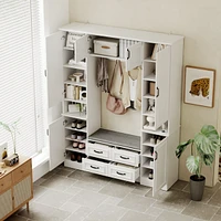 White high-gloss wooden entryway cabinet with shoe storage bench with 14 doors, soft seat for doorside storage