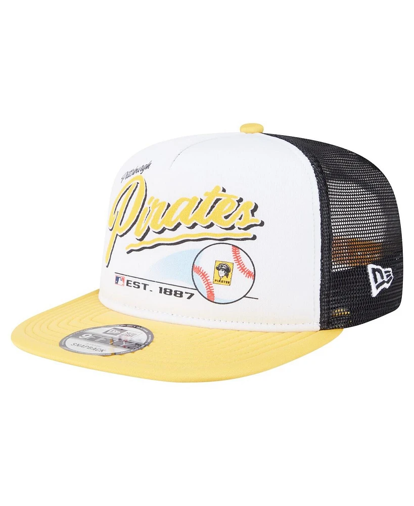 New Era Men's White/Gold Pittsburgh Pirates Retro Script Trucker 9FIFTY Snapback Hat