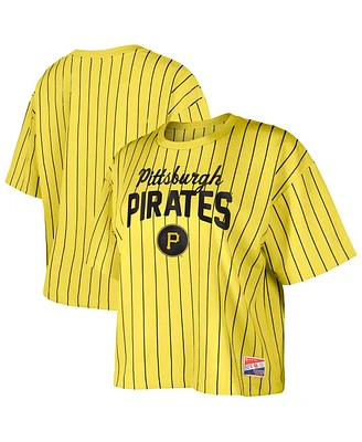 New Era Women's Gold Pittsburgh Pirates City Connect Multiplier Pinstripe Cropped T-Shirt