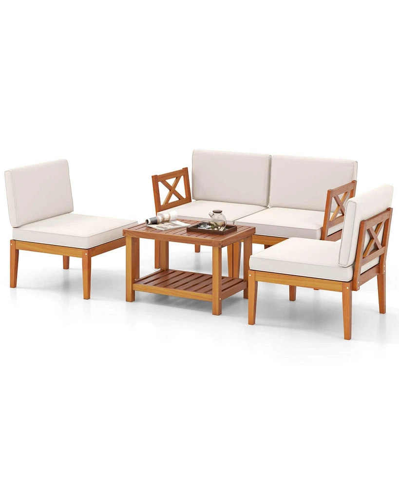 5 Pcs Acacia Wood Patio Furniture Set with Cushions and 2-Tier Coffee Table