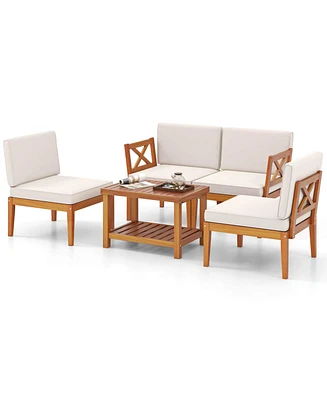5 Pcs Acacia Wood Patio Furniture Set with Cushions and 2-Tier Coffee Table