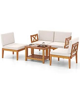 5 Pcs Acacia Wood Patio Furniture Set with Cushions and 2-Tier Coffee Table