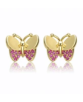 Children's 14k Gold Plated with Red Cubic Zirconia Pave Butterfly Stud Earrings