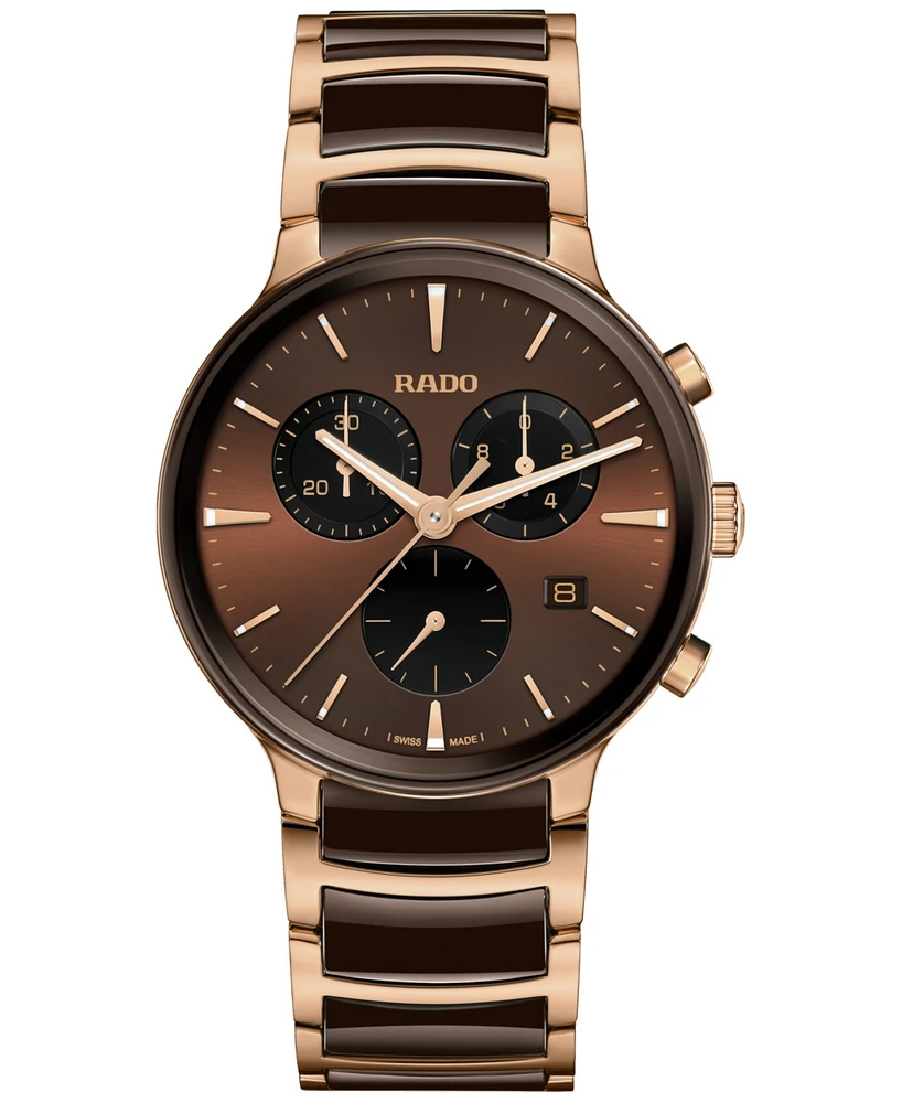 Rado Unisex Swiss Chronograph Centrix Brown Ceramic & Rose Gold Pvd Stainless Steel Bracelet Watch 41mm