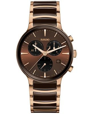 Rado Unisex Swiss Chronograph Centrix Brown Ceramic & Rose Gold Pvd Stainless Steel Bracelet Watch 41mm