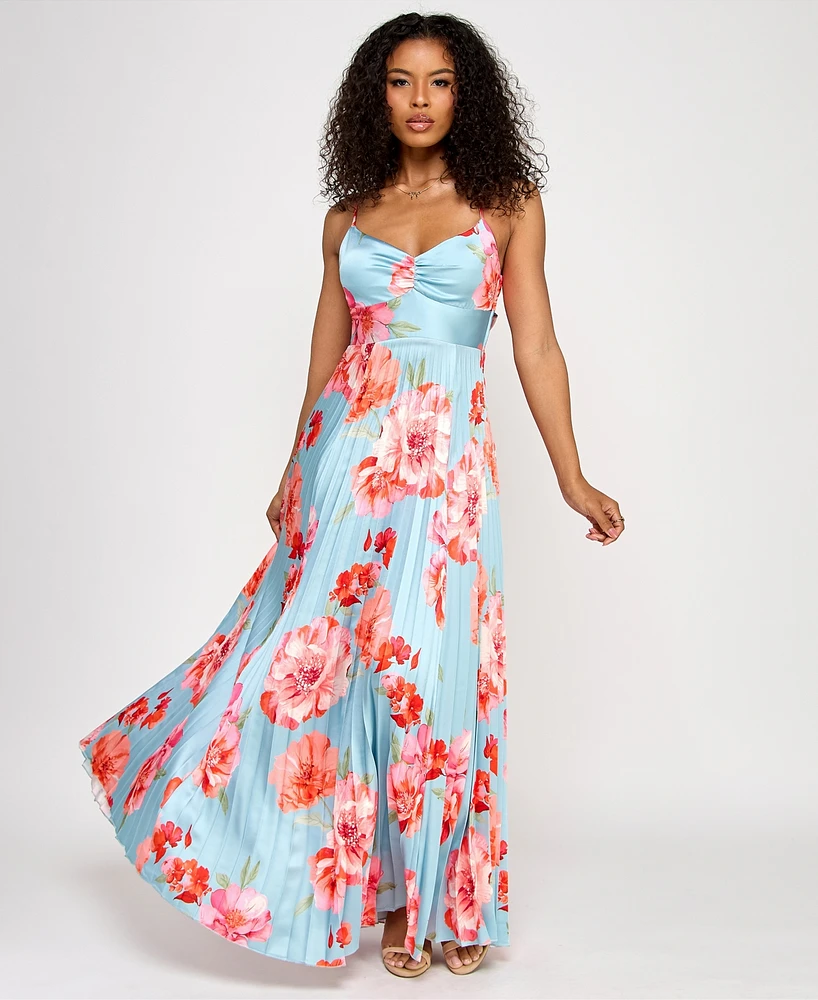 Katia Rae Juniors' Floral Bow-Back Pleated Maxi Dress