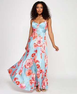 Katia Rae Juniors' Floral Bow-Back Pleated Maxi Dress
