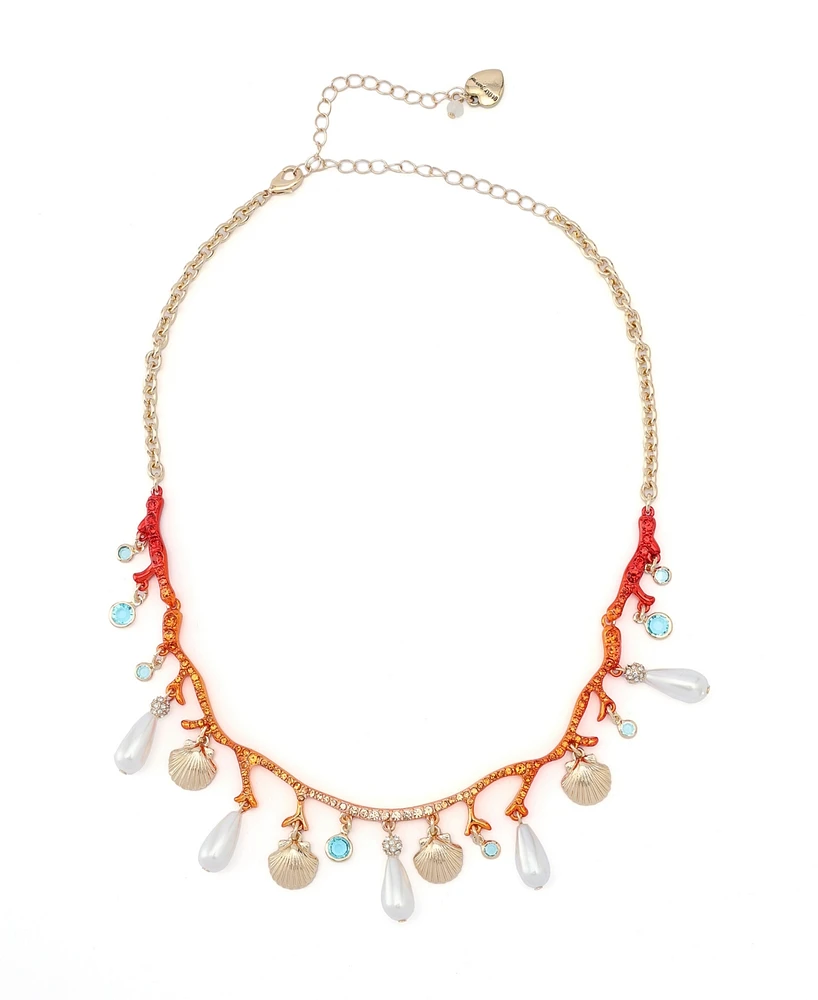 Betsey Johnson Mermaid Jewels Seashell Cultivated Pearl Coral Bib Necklace