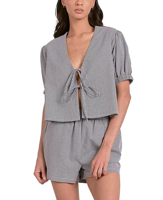 Elan Women's Seersucker Tie-Front Puff-Sleeve Top