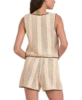 Elan Womens Crochet Tipped Tie Front Vest Crochet Tipped High Waisted Pull On Shorts