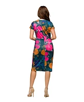 24seven Comfort Apparel Women's Floral Knee Length Short Sleeve Faux Wrap Dress