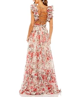 Mac Duggal Women's Ruffle Tiered Floral Cut-Out Chiffon Gown
