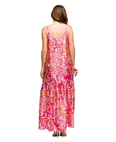 24seven Comfort Apparel Women's Pink Print Lightweight Spaghetti Strap Pocket Maxi Dress