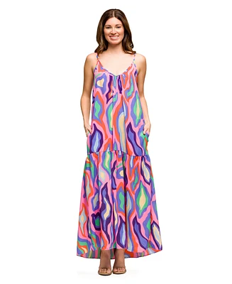24seven Comfort Apparel Women's Multicolor Lightweight Spaghetti Strap Pocket Maxi Dress