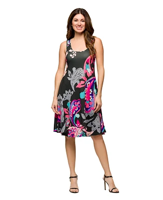 24seven Comfort Apparel Women's Pink Paisley Print Sleeveless Knee Length Tank Swing Dress