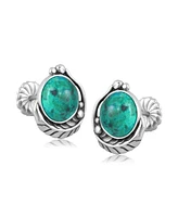 Sterling Silver Chrysocolla Leaf Design Button Earrings