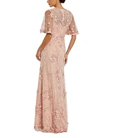 Mac Duggal Women's Flutter Sleeve Floral Embroidered Net Gown