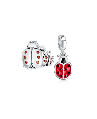 Bling Jewelry Set of 2 Insect Garden Ladybugs Red Cz Dangle Charm Bead Enamel Sterling Silver