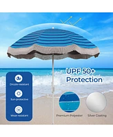 Gymax 6.5 Ft Beach Umbrella w/ Fringe Tassel Push Button Tilt Sand Anchor