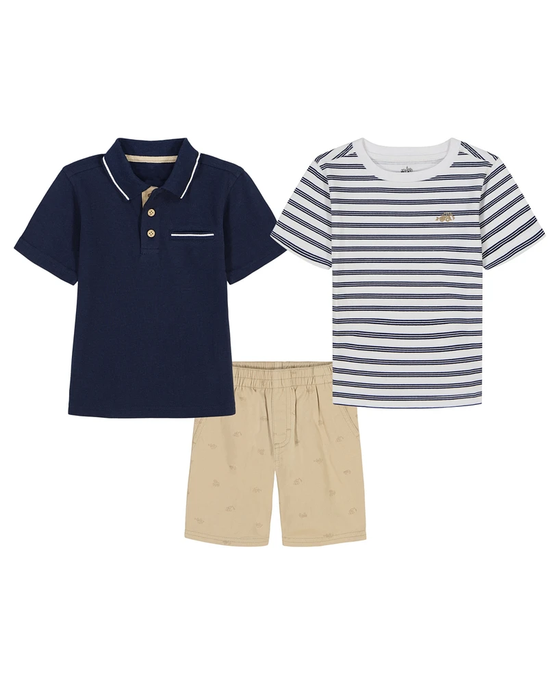 Kids Headquarters Toddler and Little Boys 3-Piece Tipped Polo Shirt, Striped T-Shirt Printed Twill Shorts Set