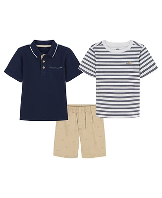Kids Headquarters Toddler and Little Boys 3-Piece Tipped Polo Shirt, Striped T-Shirt Printed Twill Shorts Set
