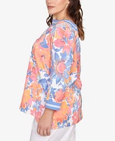 Ruby Rd. Plus Floral Striped Trim Top