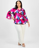 Jones New York Plus Printed Flutter-Sleeve Blouse