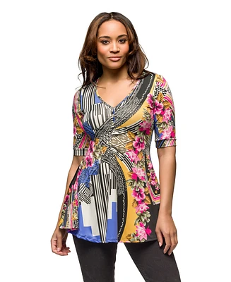 24seven Comfort Apparel Women's Multicolor Floral Print Elbow Sleeve V-Neck Henley Tunic Top