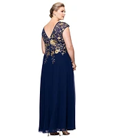 Betsy & Adam Plus Metallic-Embroidered A-Line Gown