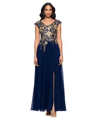 Betsy & Adam Women's Embroidered V-Neck Front-Slit Gown