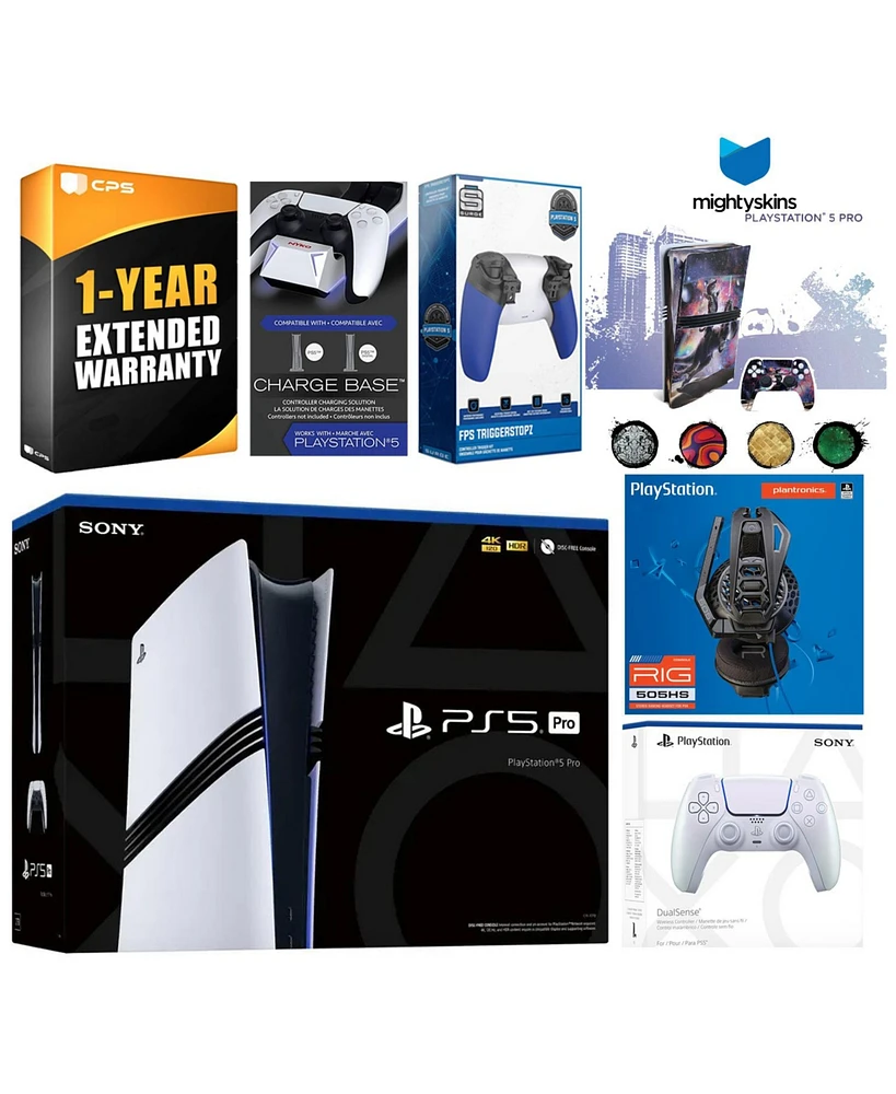 Sony Playstation 5 Pro Bundle with Extra Starlight Blue Controller, Plantronics Headset, Trigger Stop Kit, Dual Charge Dock and MightySkins Decal Vouc