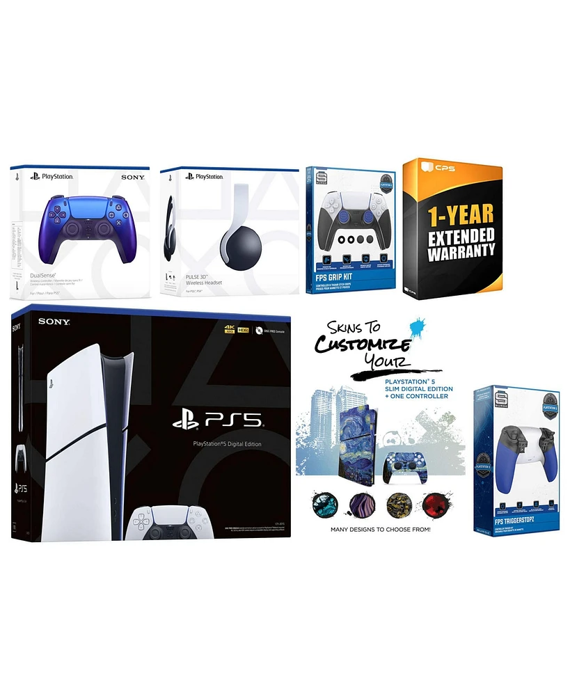 Sony Playstation 5 Slim Digital with White Pulse Headset, Extra Starlight Blue Controller, Trigger Stop Kit, Fps Grip Kit and MightySkins Decal Vouche
