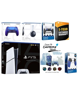 Sony Playstation 5 Slim Digital with White Pulse Headset, Extra Starlight Blue Controller, Trigger Stop Kit, Fps Grip Kit and MightySkins Decal Vouche