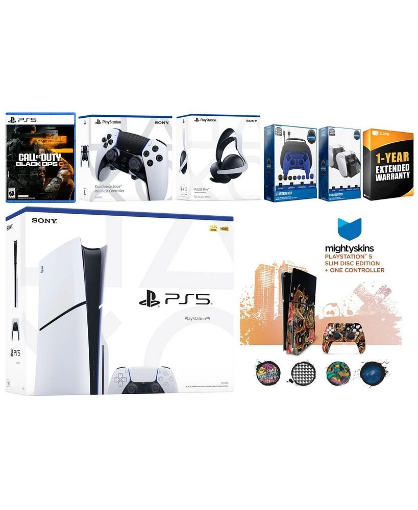 Sony Playstation 5 Slim Disc PS5 with Call of Duty: Black Ops 6, Edge Controller, Pulse Elite Headset, Gamer Starter Pack, Charge Dock and MightySkins
