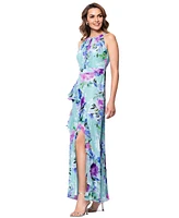 Betsy & Adam Petite Printed Halter-Neck Ruffled Sleeveless Gown
