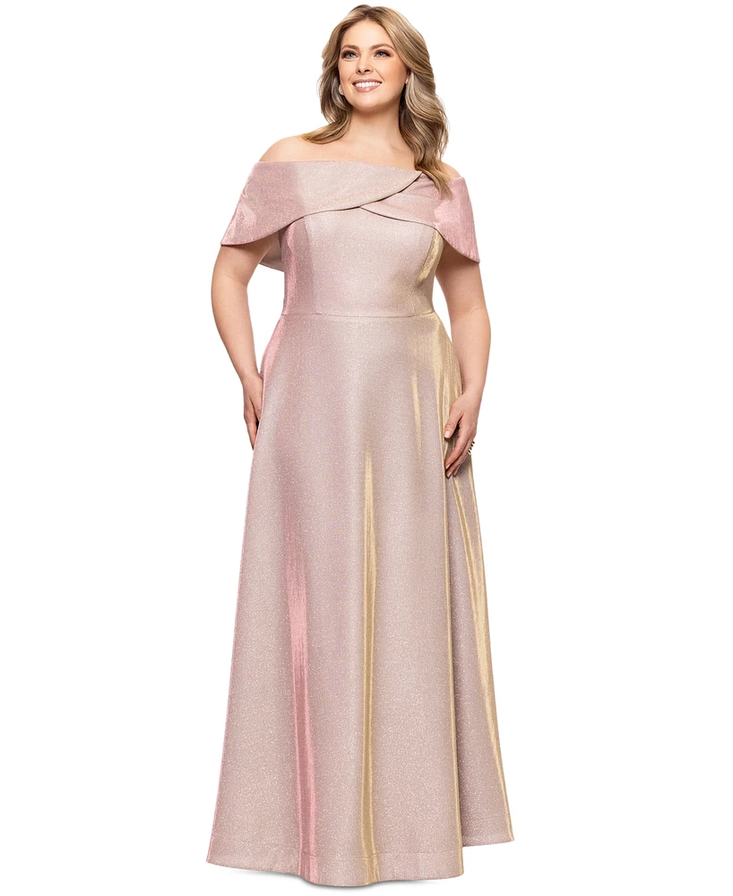 Betsy & Adam Plus Metallic Off-The-Shoulder Gown