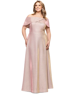 Betsy & Adam Plus Metallic Off-The-Shoulder Gown