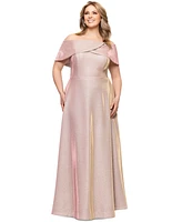 Betsy & Adam Plus Metallic Off-The-Shoulder Gown