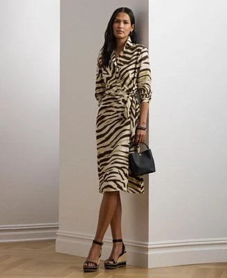 Lauren Ralph Lauren Womens Zebra Print Tie Front Crepe Shirtdress 0p 22w