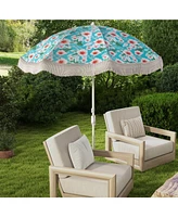 Beach Umbrella with Fringe Outdoor Tassel Push Button Tilt