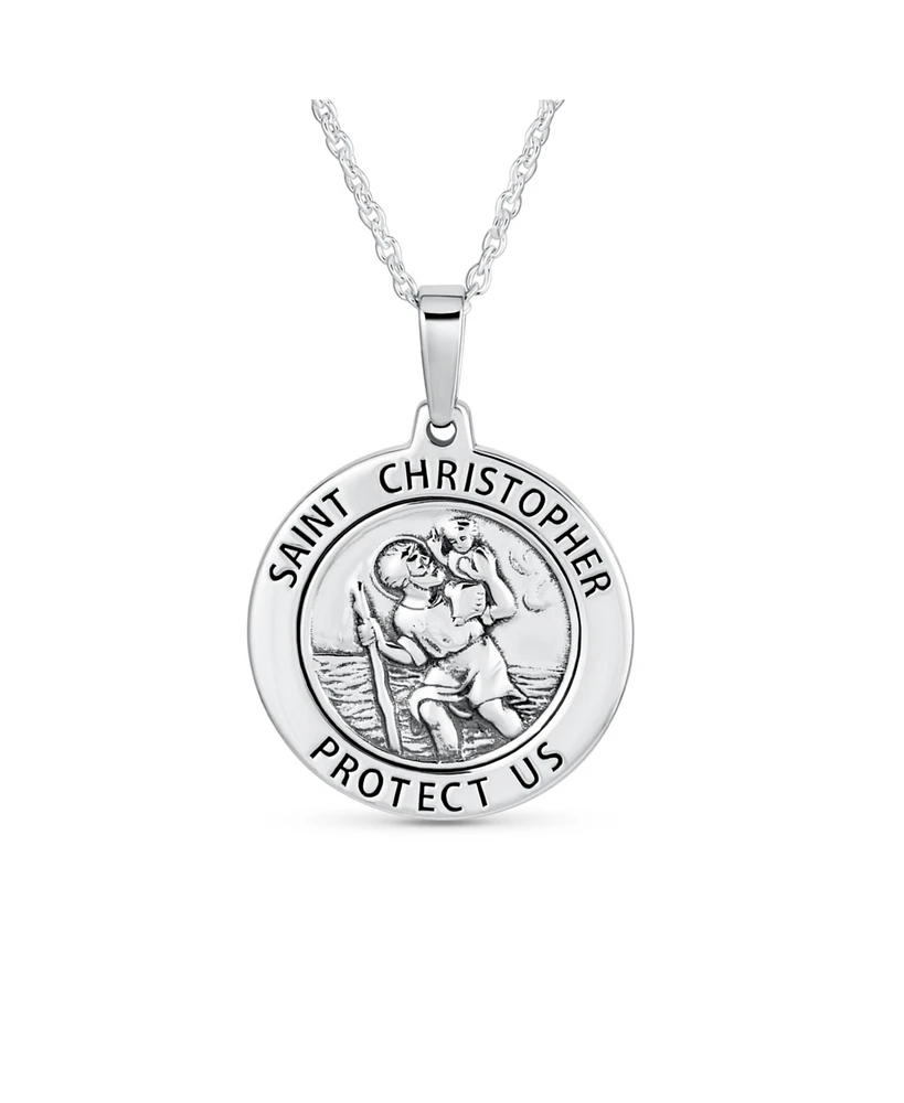Bling Jewelry Large Size Patron Of Safe Travel "Protect Us" Religious Medal Medallion Round Saint Christopher Pendant Necklace Sterling Silver