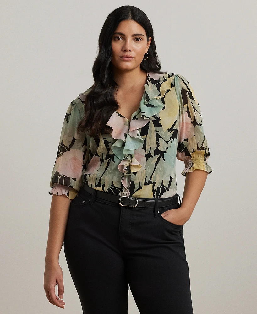 Lauren Ralph Plus Floral Georgette Ruffle-Trim Blouse