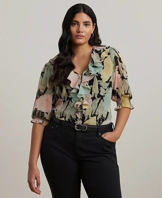 Lauren Ralph Plus Floral Georgette Ruffle-Trim Blouse